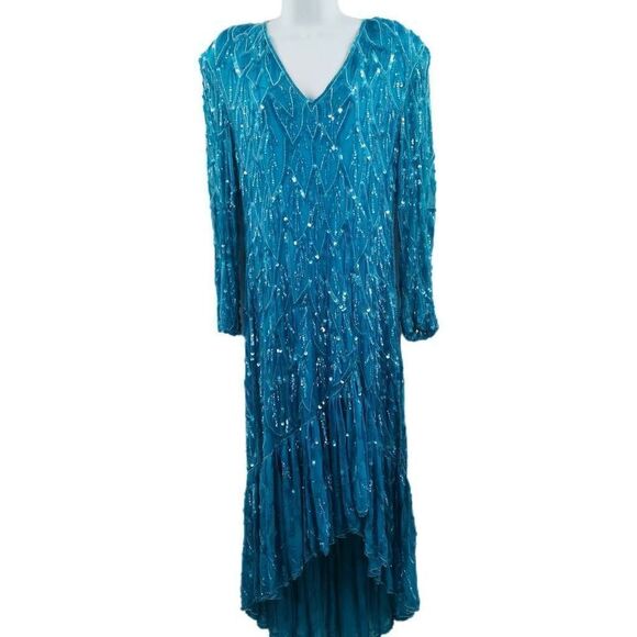 Vintage Aqua Blue Beaded/Sequin Dress with Long Sleeves & Ruffle Hemline | Circa - Picture 1 of 5